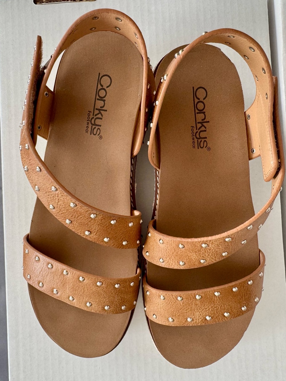 Corkys Tan Studded Double-Strap Sandals with Ankle Strap